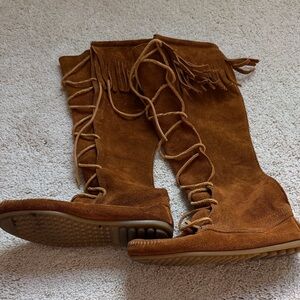 Minnetonka Suede Fringe Lace-Up Knee-High Boots